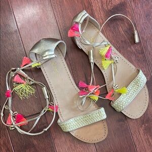 NWOT Lilly Pulitzer Willa Gold Open Toe Ankle Wrap Flat Leather Sandals 9